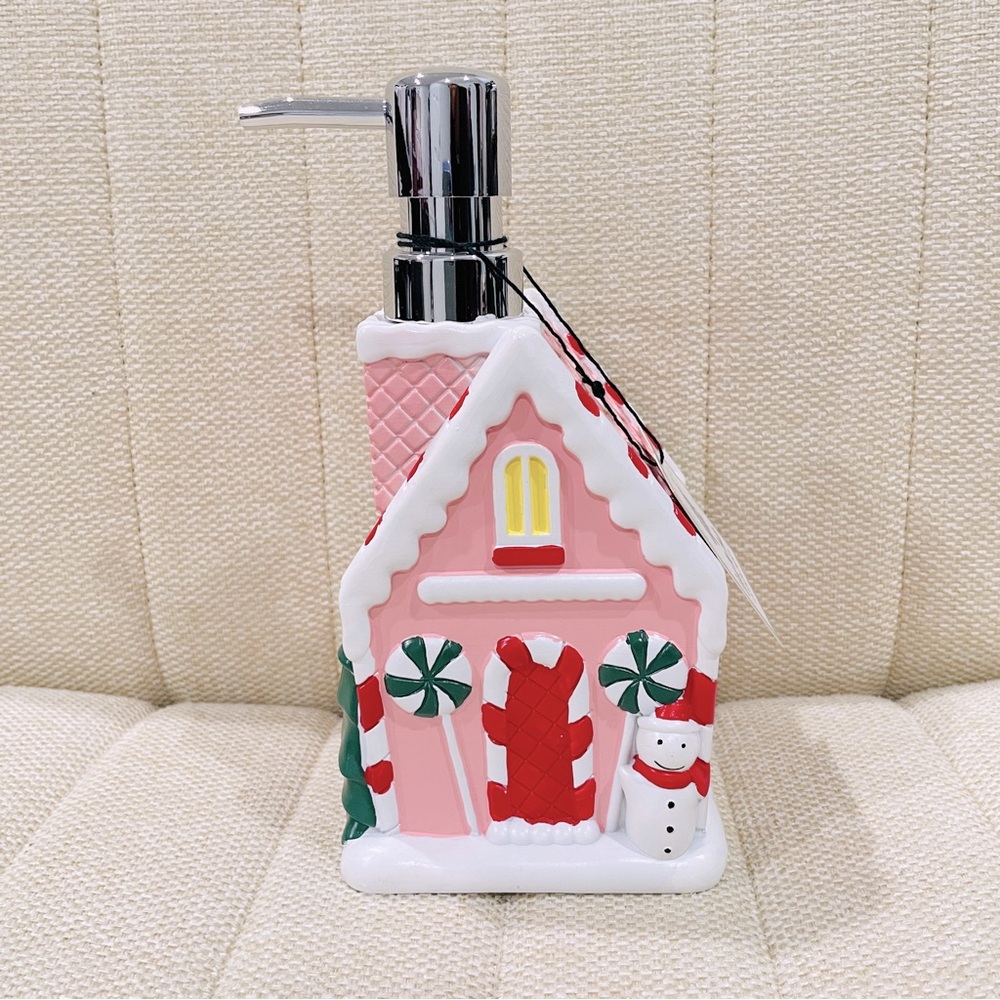 NEW Pink Gingerbread House Soap Dispenser Christmas Snowman Peppermint Decor
